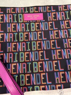 henri bendel Black Cosmetic Bag with Rainbow Logo Print and Pink Trim